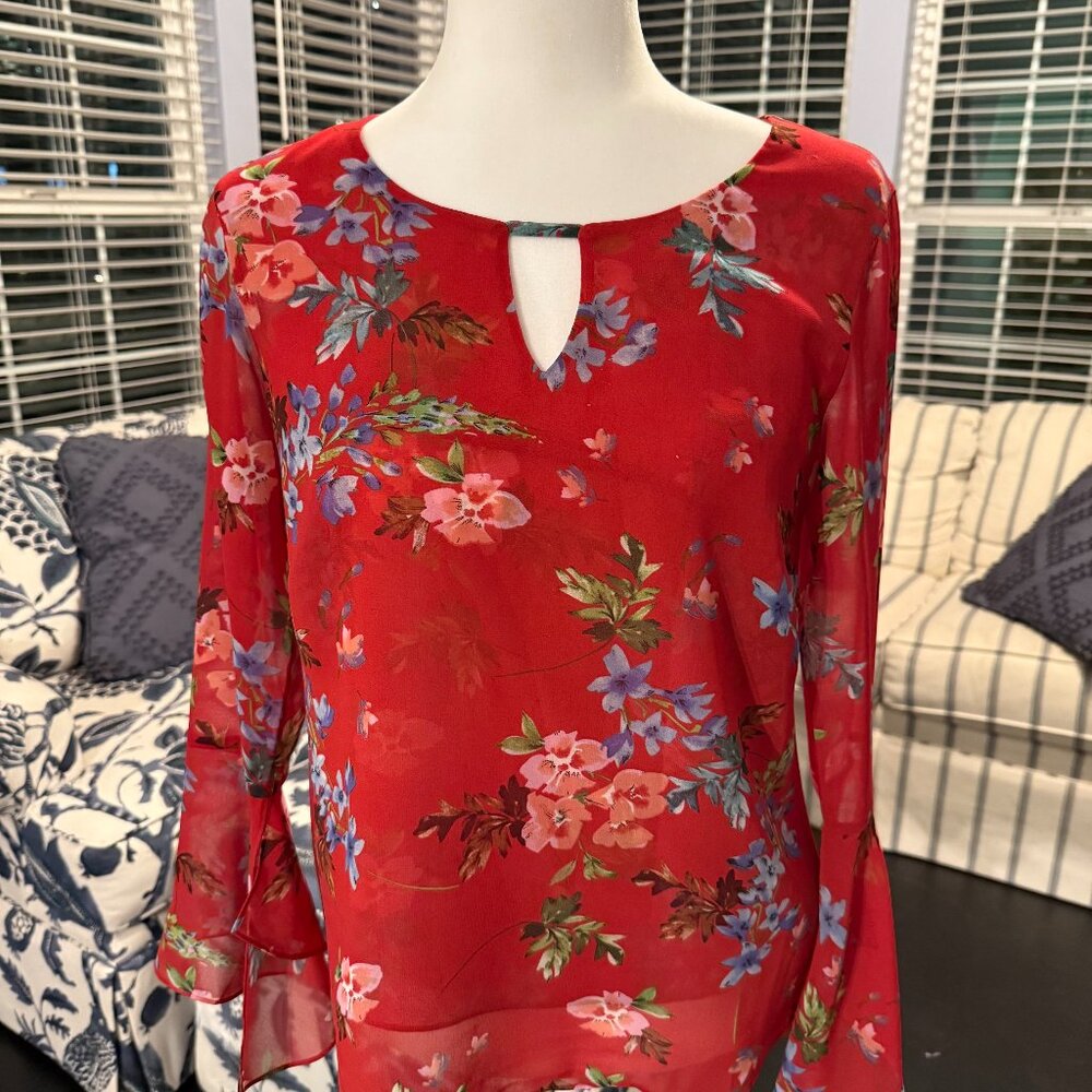 CAbi Red Floral Blouse XS